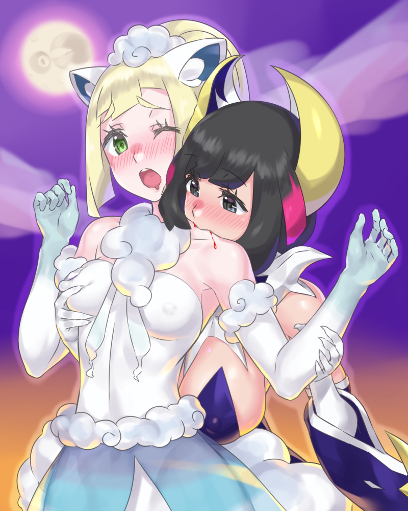 lillie, selene, alolan vulpix, lunala, and lunatone (pokemon and 1 more) drawn by mizuumi_(bb)