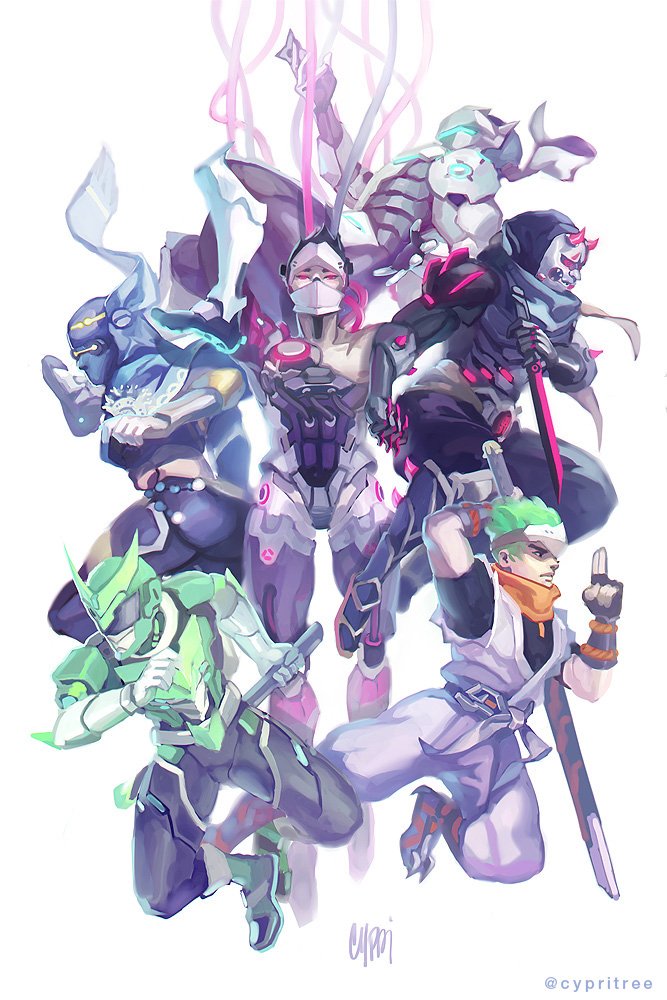 genji, blackwatch genji, young genji, sentai genji, oni genji, and 1 more (overwatch and 1 more) drawn by bonnie_tang