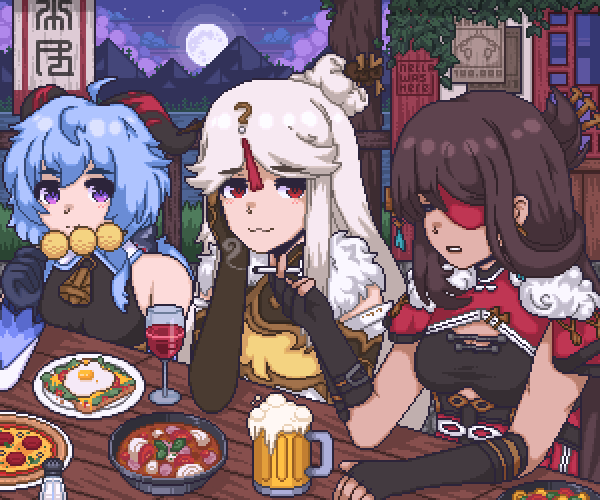 ganyu, ningguang, and beidou (genshin impact) drawn by nellawashere