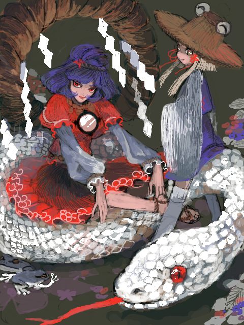 moriya suwako, yasaka kanako, and mishaguji (touhou) drawn by okomeuma
