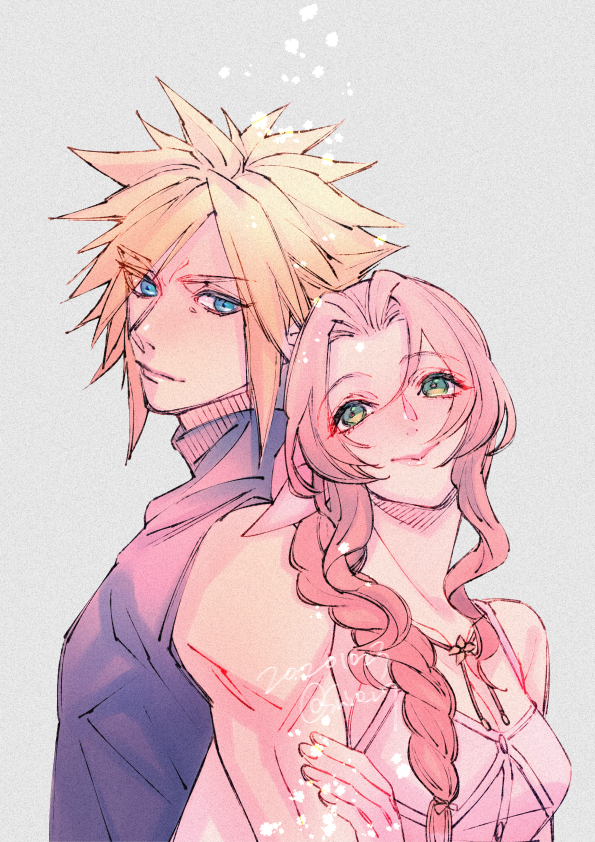 cloud strife and aerith gainsborough (final fantasy and 2 more) drawn by wakakusa-e