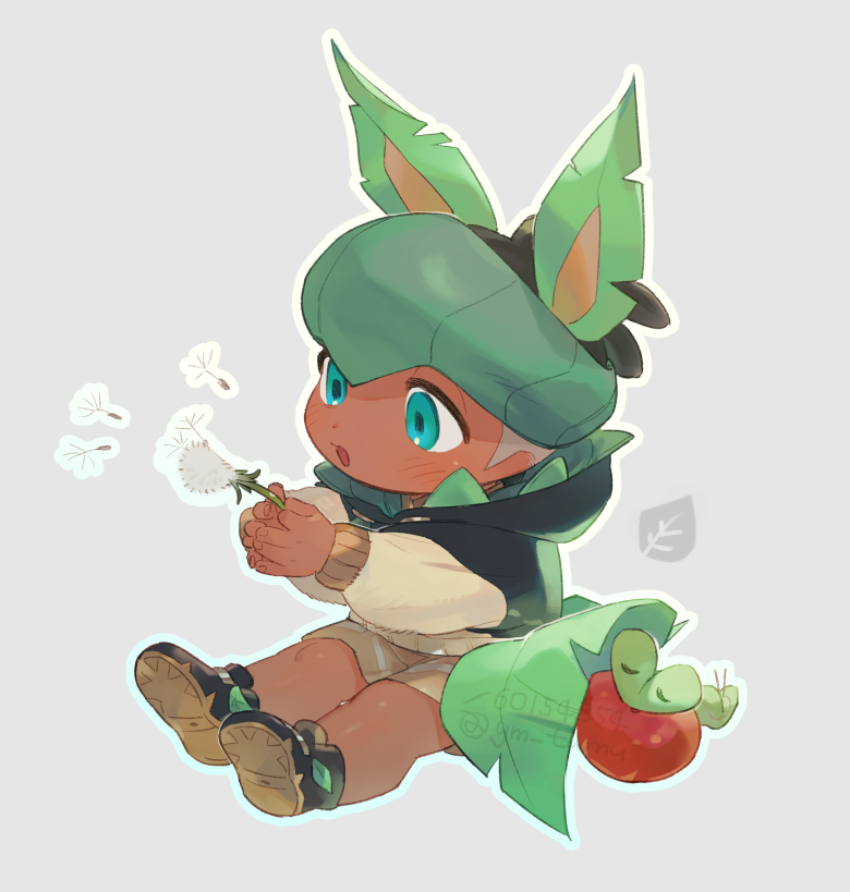 raihan, leafeon, and applin (pokemon and 1 more) drawn by mutsuki_(gm_tumu)