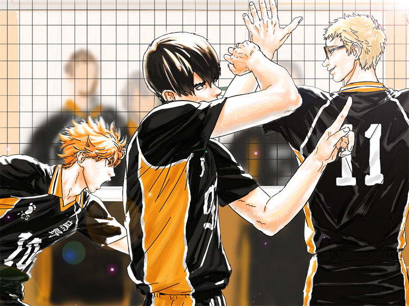 hinata shouyou, kageyama tobio, and tsukishima kei (haikyuu!!) drawn by kinchi
