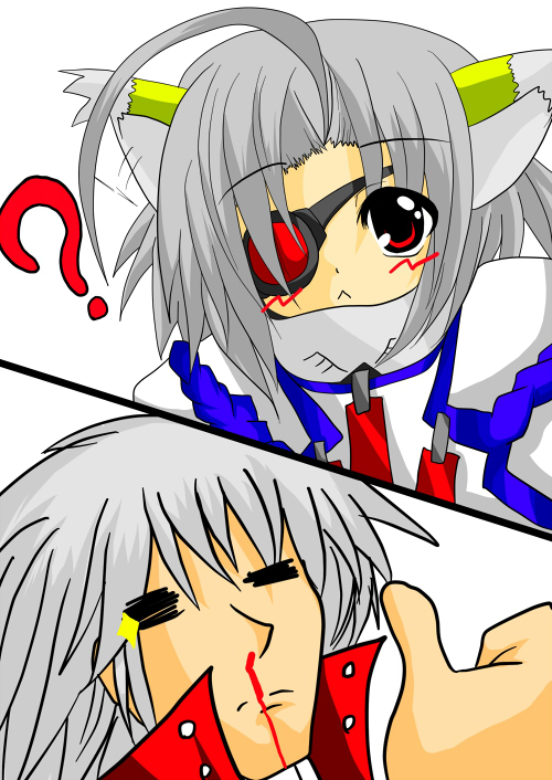 ragna the bloodedge and nu-13 (blazblue) drawn by tanishiki_(pkokok)