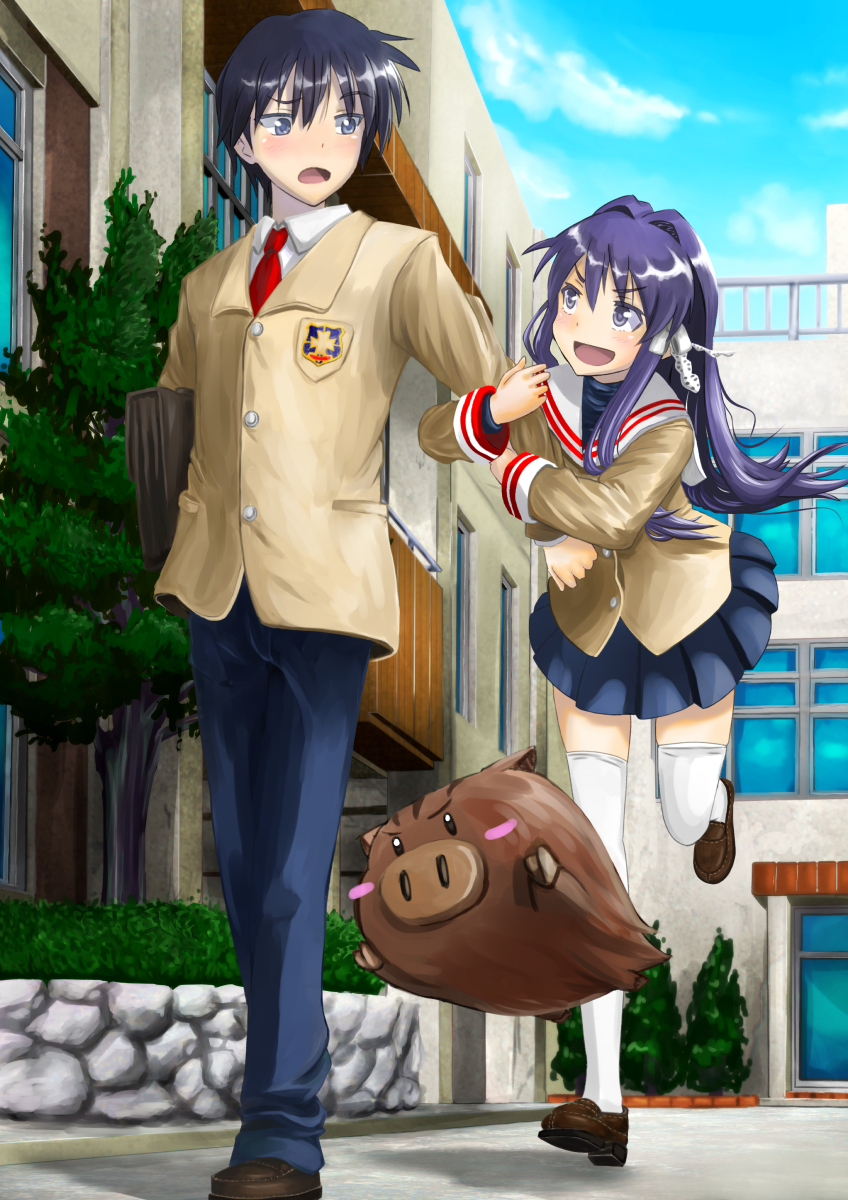 fujibayashi kyou, okazaki tomoya, and botan (clannad) drawn by kanae_akita