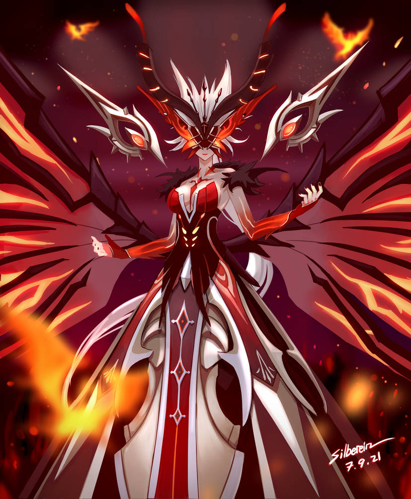 crimson lotus moth and signora (genshin impact and 1 more) drawn by silberein