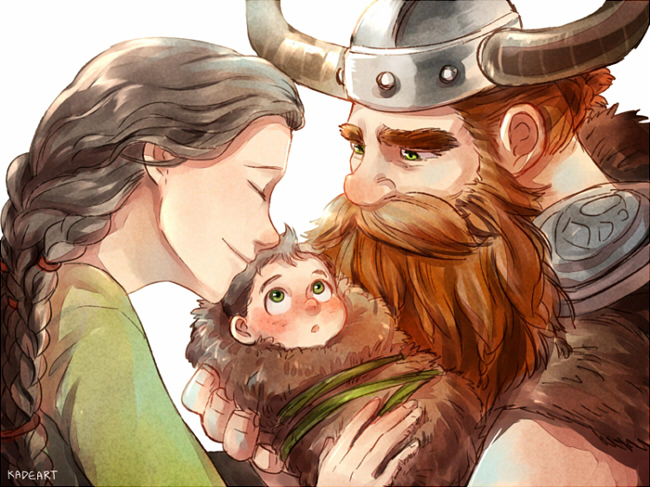 hiccup horrendous haddock iii, stoick the vast, and valka haddock (how to train your dragon and 1 more) drawn by kadeart