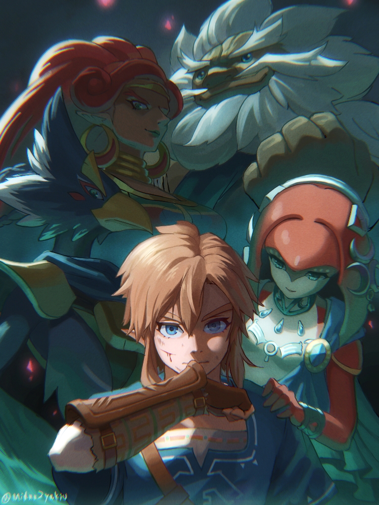 link, mipha, urbosa, revali, and daruk (the legend of zelda and 1 more) drawn by saburou_(jako)