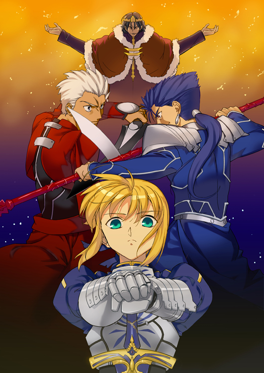 artoria pendragon, saber, cu chulainn, archer, and kotomine kirei (fate and 1 more) drawn by yangsion