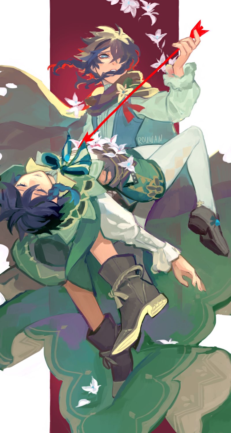 venti and nameless bard (genshin impact) drawn by rouwan