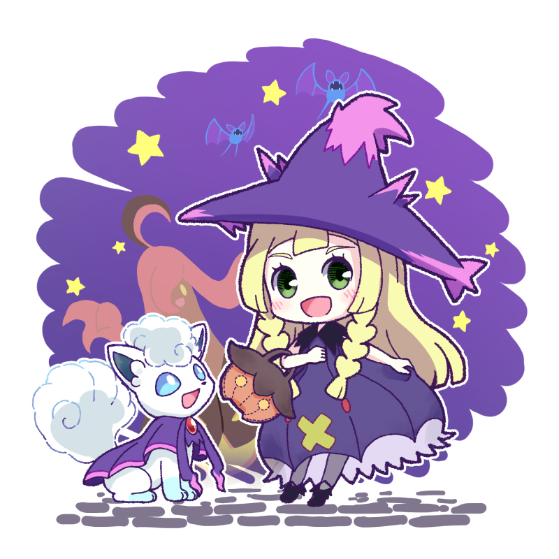 lillie, alolan vulpix, mismagius, pumpkaboo, zubat, and 2 more (pokemon and 1 more) drawn by putto