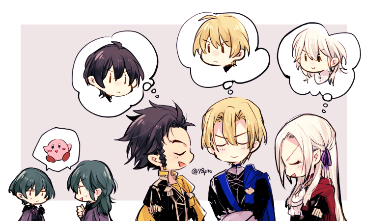 kirby, female byleth, edelgard von hresvelg, dimitri alexandre blaiddyd, male byleth, and 1 more (fire emblem and 3 more) drawn by naho_(pi988y)