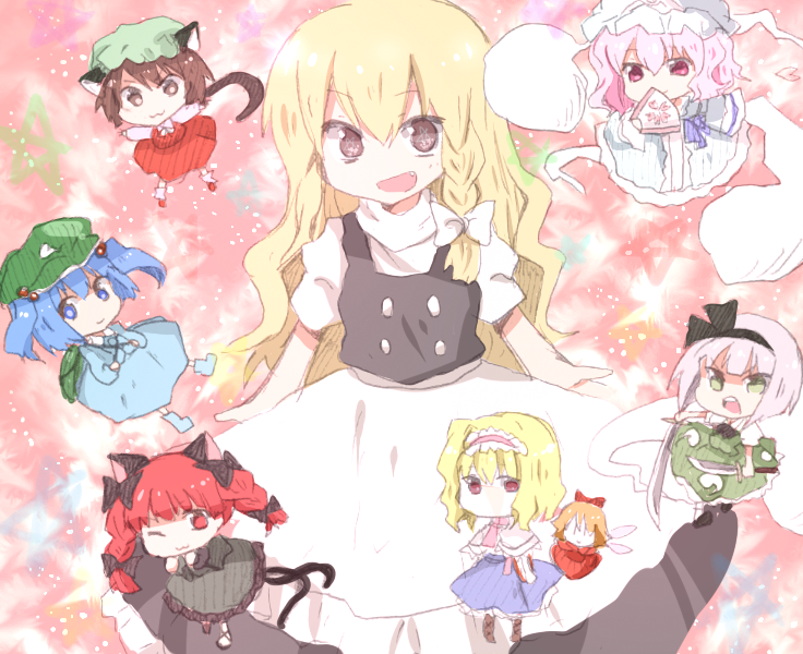 kirisame marisa, konpaku youmu, alice margatroid, saigyouji yuyuko, kaenbyou rin, and 3 more (touhou) drawn by mari_audio