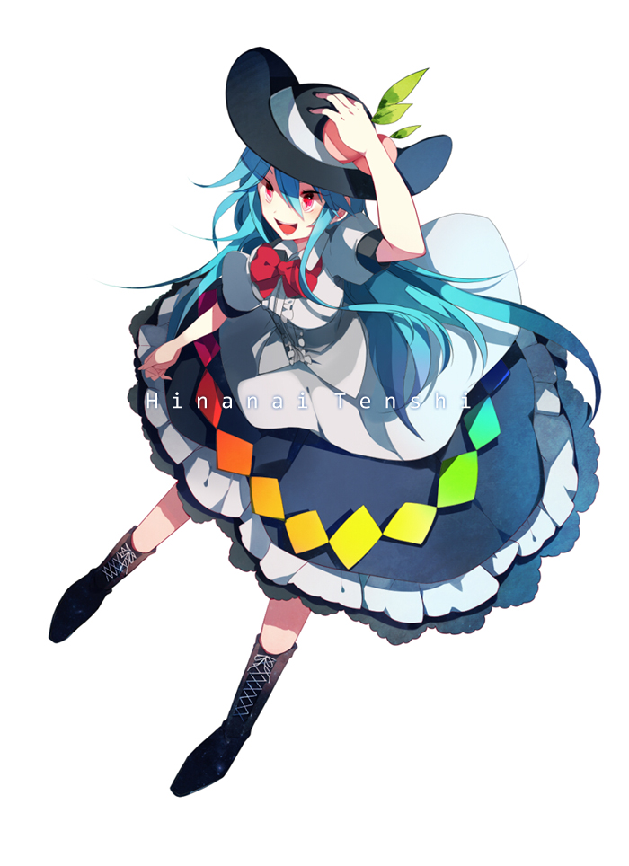 1girl blue_hair character_name dasulchan hand_on_own_head hat hinanawi_tenshi long_hair open_mouth red_eyes simple_background smile solo touhou white_background