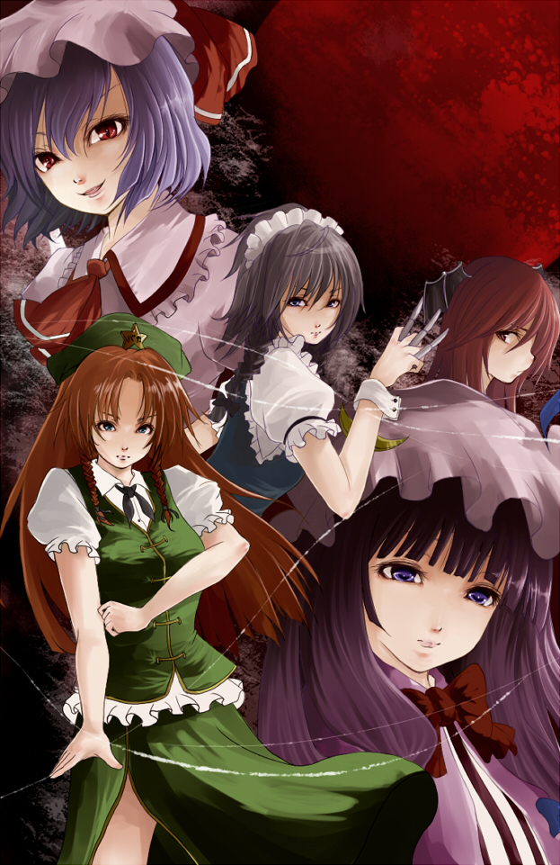 remilia scarlet, izayoi sakuya, patchouli knowledge, hong meiling, and koakuma (touhou) drawn by hanehitsuji