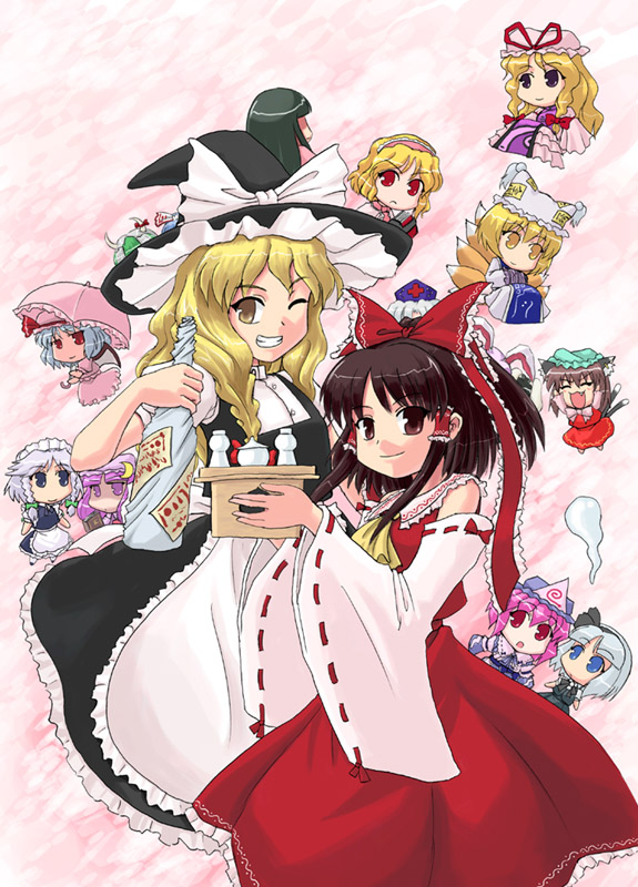 hakurei reimu, kirisame marisa, remilia scarlet, izayoi sakuya, konpaku youmu, and 9 more (touhou) drawn by sasuke_(sasuke_no_sato)