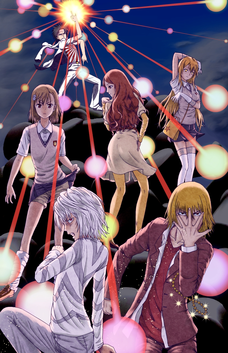 misaka mikoto, shokuhou misaki, accelerator, mugino shizuri, kakine teitoku, and 1 more (jojo no kimyou na bouken and 1 more) drawn by yubari_rumoi