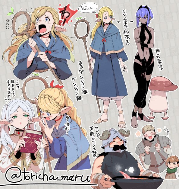 frieren, marcille donato, laios touden, senshi, hassan of serenity, and 3 more (fate and 3 more) drawn by torichamaru