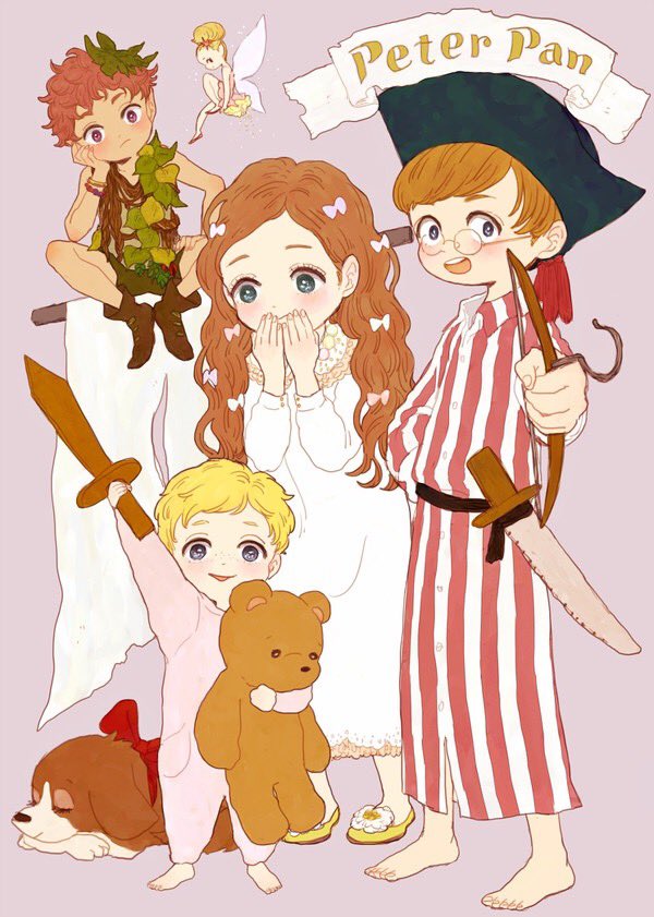 wendy darling, peter pan, tinker bell, john darling, michael darling, and 1 more (peter pan) drawn by mush_machou