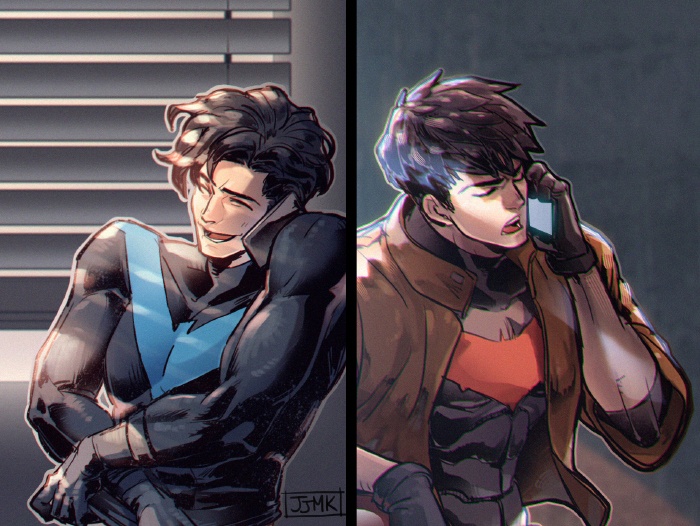 dick grayson, jason todd, nightwing, and red hood (dc comics and 1 more) drawn by jjmk-jjmk