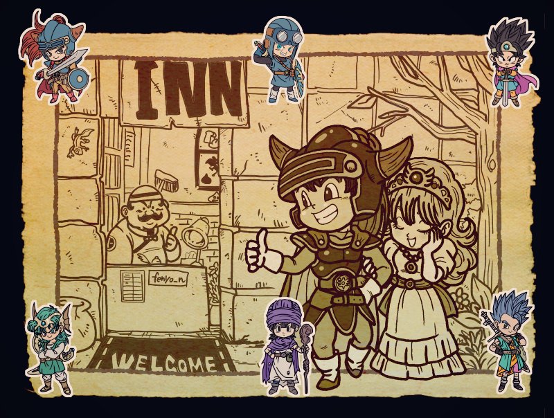 slime, roto, prince of lorasia, hero, princess laura, and 1 more (dragon quest and 6 more) drawn by fenyon