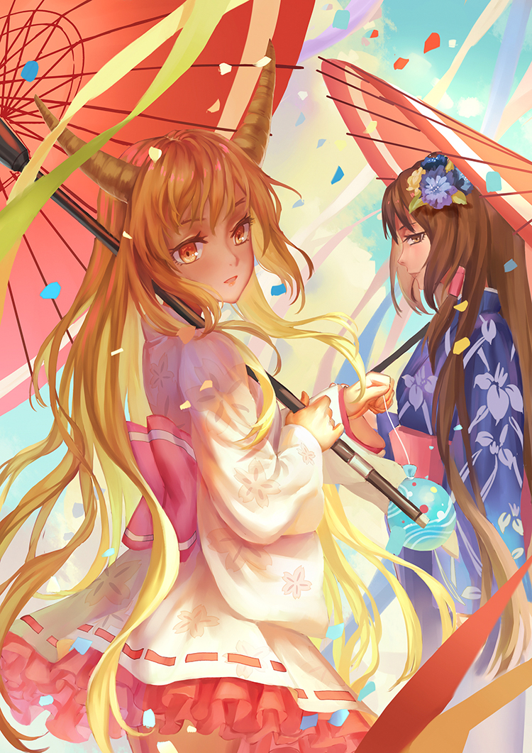 hakurei reimu and ibuki suika (touhou) drawn by ttk_(kirinottk)