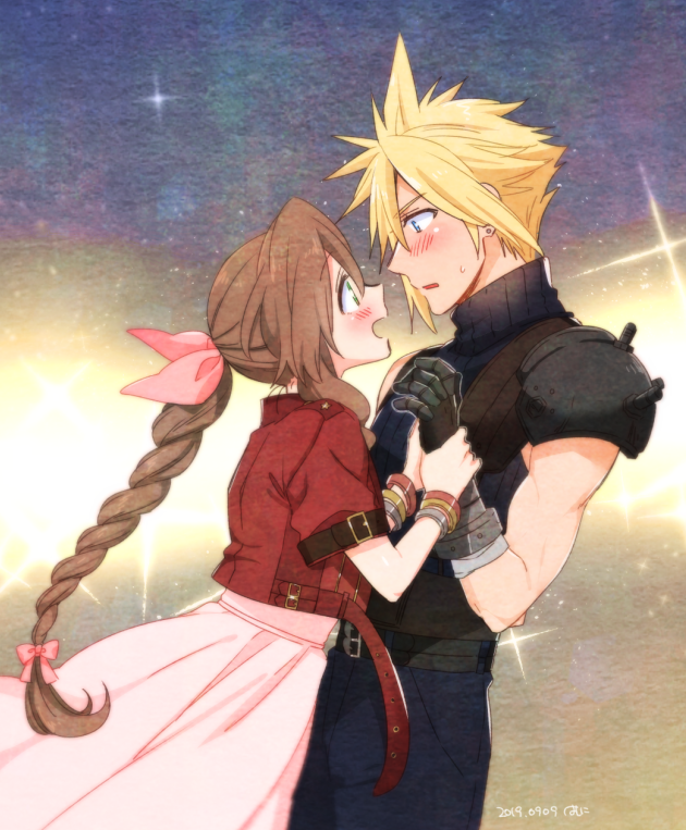 cloud strife and aerith gainsborough (final fantasy and 2 more) drawn by krudears
