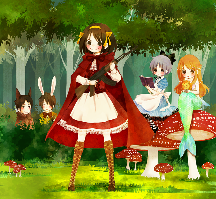 suzumiya haruhi, nagato yuki, asahina mikuru, kyon, alice, and 6 more (suzumiya haruhi no yuuutsu and 3 more) drawn by moffunnyo