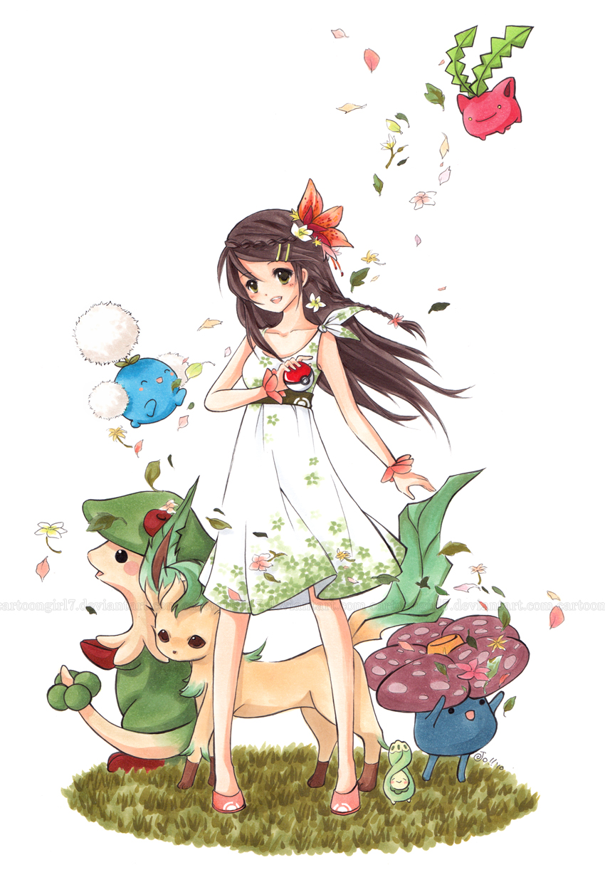 leafeon, hoppip, jumpluff, budew, vileplume, and 1 more (pokemon) drawn by joanna_(mojo!)