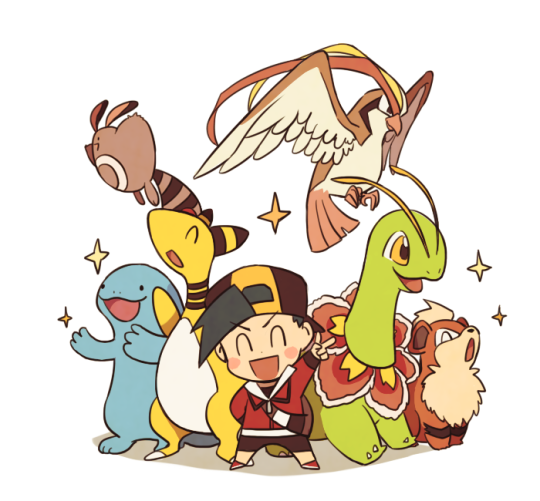 ethan, ampharos, quagsire, sentret, growlithe, and 2 more (pokemon and 1 more) drawn by ssalbulre
