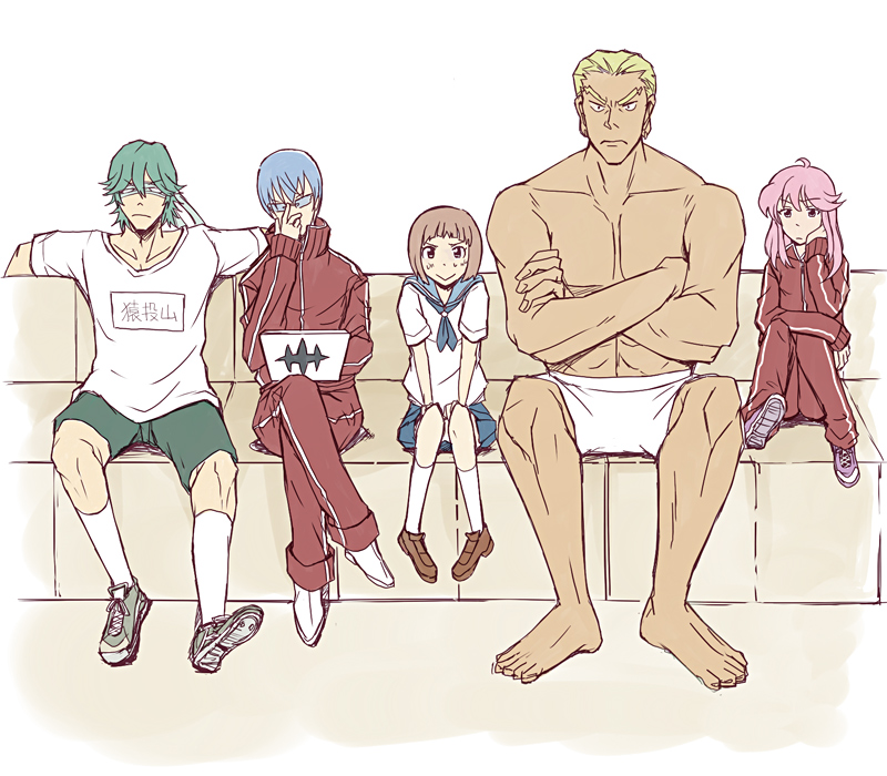 mankanshoku mako, jakuzure nonon, gamagoori ira, sanageyama uzu, and inumuta houka (kill la kill) drawn by biyori