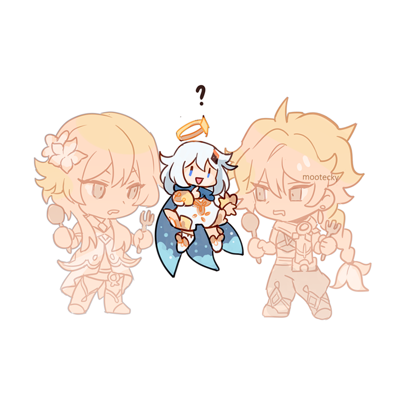 lumine, aether, and paimon (genshin impact) drawn by mootecky