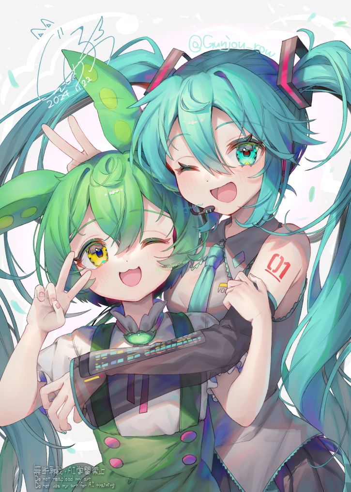 hatsune miku and zundamon (vocaloid and 1 more) drawn by gunjou_row