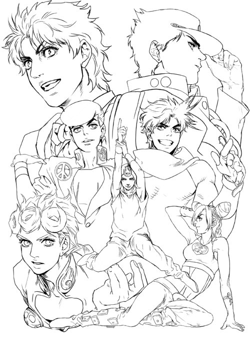 joseph joestar, kujo jotaro, kujo jolyne, giorno giovanna, jonathan joestar, and 2 more (jojo no kimyou na bouken and 7 more) drawn by icym
