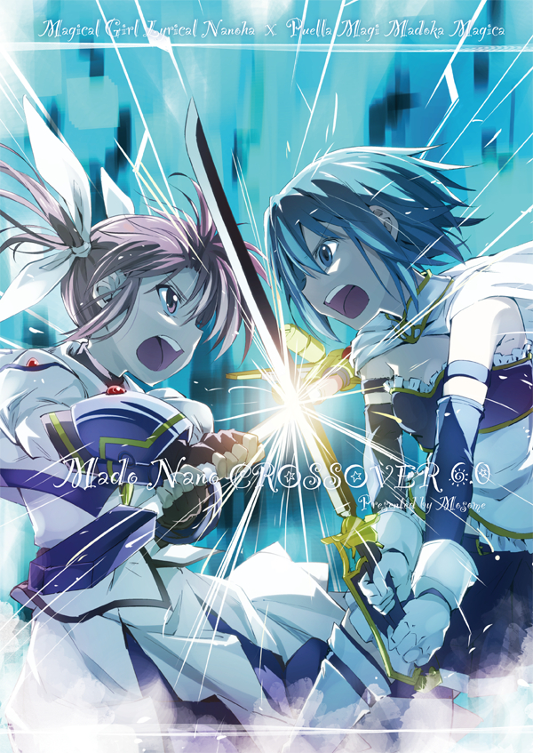 miki sayaka, takamachi nanoha, and raising heart (mahou shoujo madoka magica and 2 more) drawn by bun150