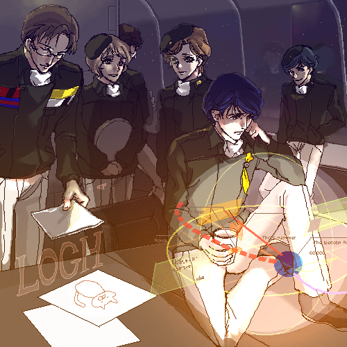 yang wen-li, julian mintz, frederica greenhill, dusty attenborough, and alex cazellnu (ginga eiyuu densetsu) drawn by ube