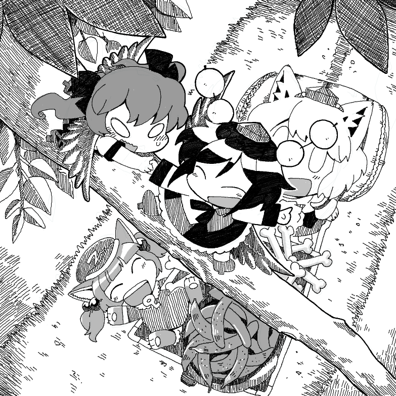 shameimaru aya, inubashiri momiji, kawashiro nitori, and himekaidou hatate (touhou) drawn by bon_(rump)