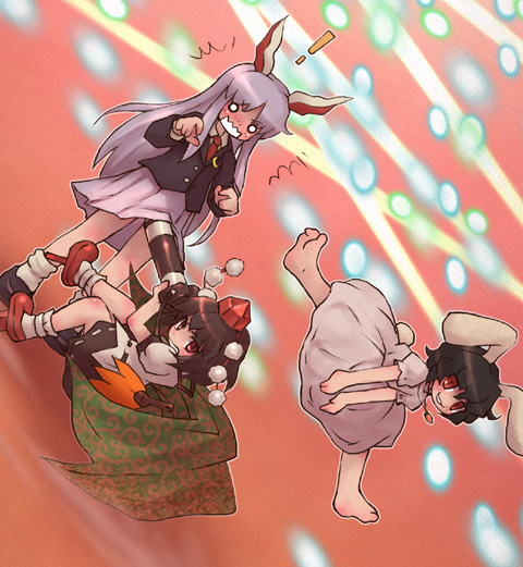shameimaru aya, reisen udongein inaba, and inaba tewi (touhou) drawn by sankuma
