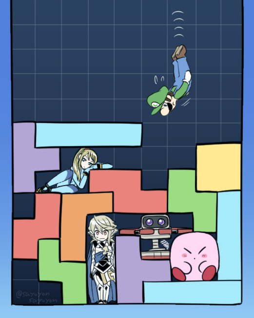 kirby, samus aran, luigi, male corrin, and family computer robot (fire emblem and 6 more) drawn by sayoyonsayoyo