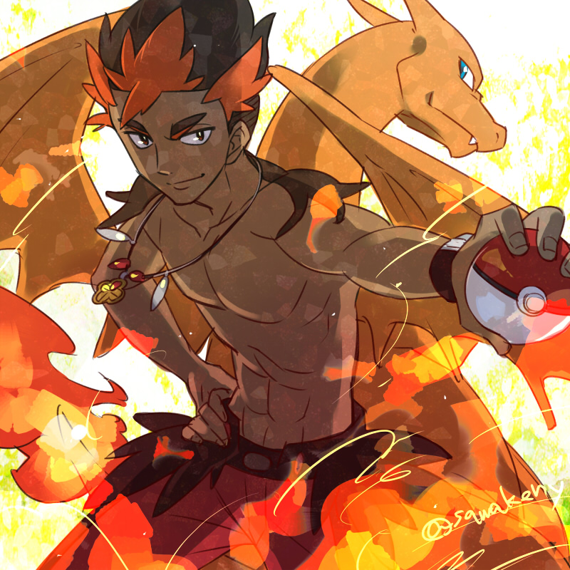 charizard and kiawe (pokemon and 1 more) drawn by kanimaru