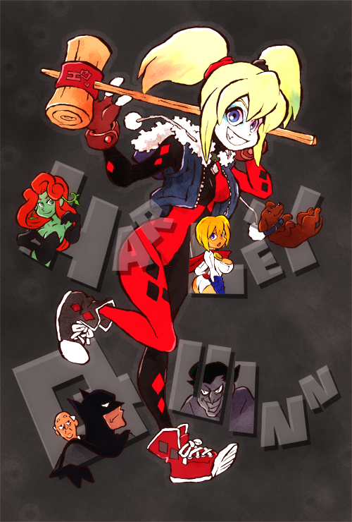 harley quinn, batman, power girl, joker, poison ivy, and 1 more (dc comics and 1 more) drawn by motoko_(gege1216)