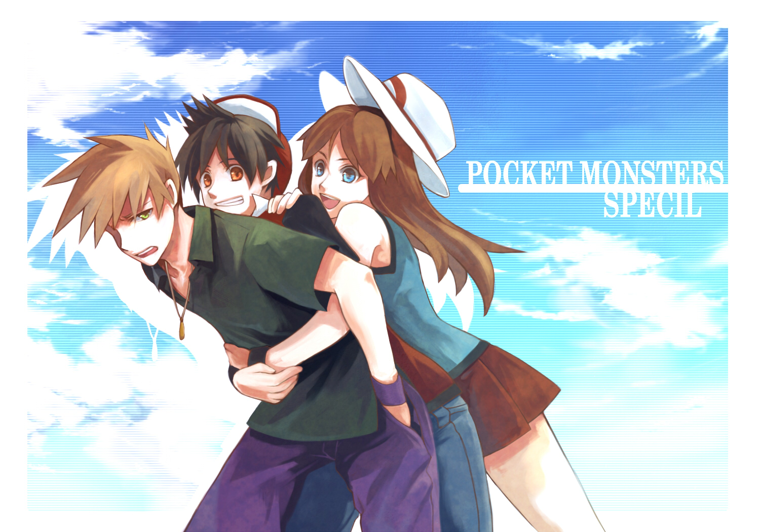 red, blue oak, and green (pokemon and 1 more) drawn by nakoromo