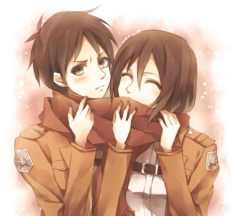 mikasa ackerman and eren yeager (shingeki no kyojin) drawn by mire_(color-black-2236)