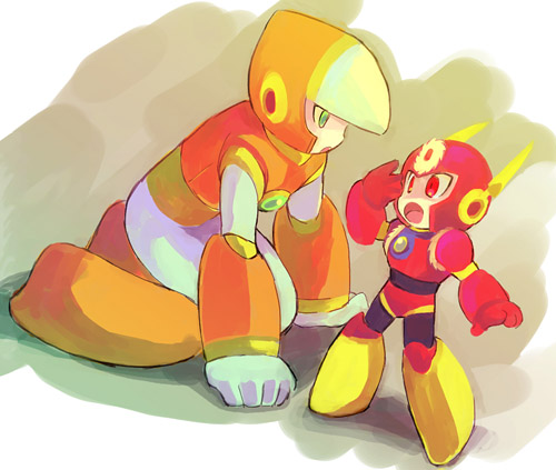 metal man and crash man (mega man and 1 more) drawn by jiayu_long