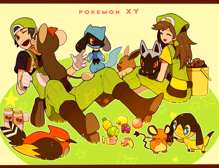 eevee, dedenne, riolu, poochyena, pokemon breeder, and 2 more (pokemon and 2 more) drawn by li_sakura