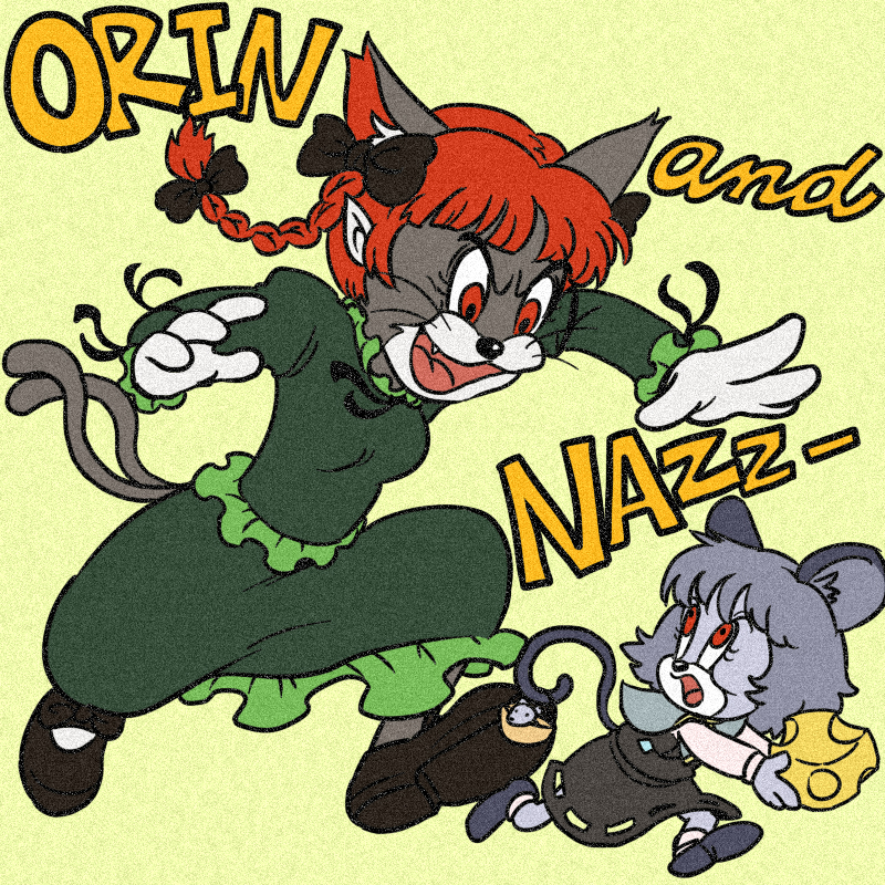 kaenbyou rin, nazrin, tom, and jerry (touhou and 1 more) drawn by rojiuu