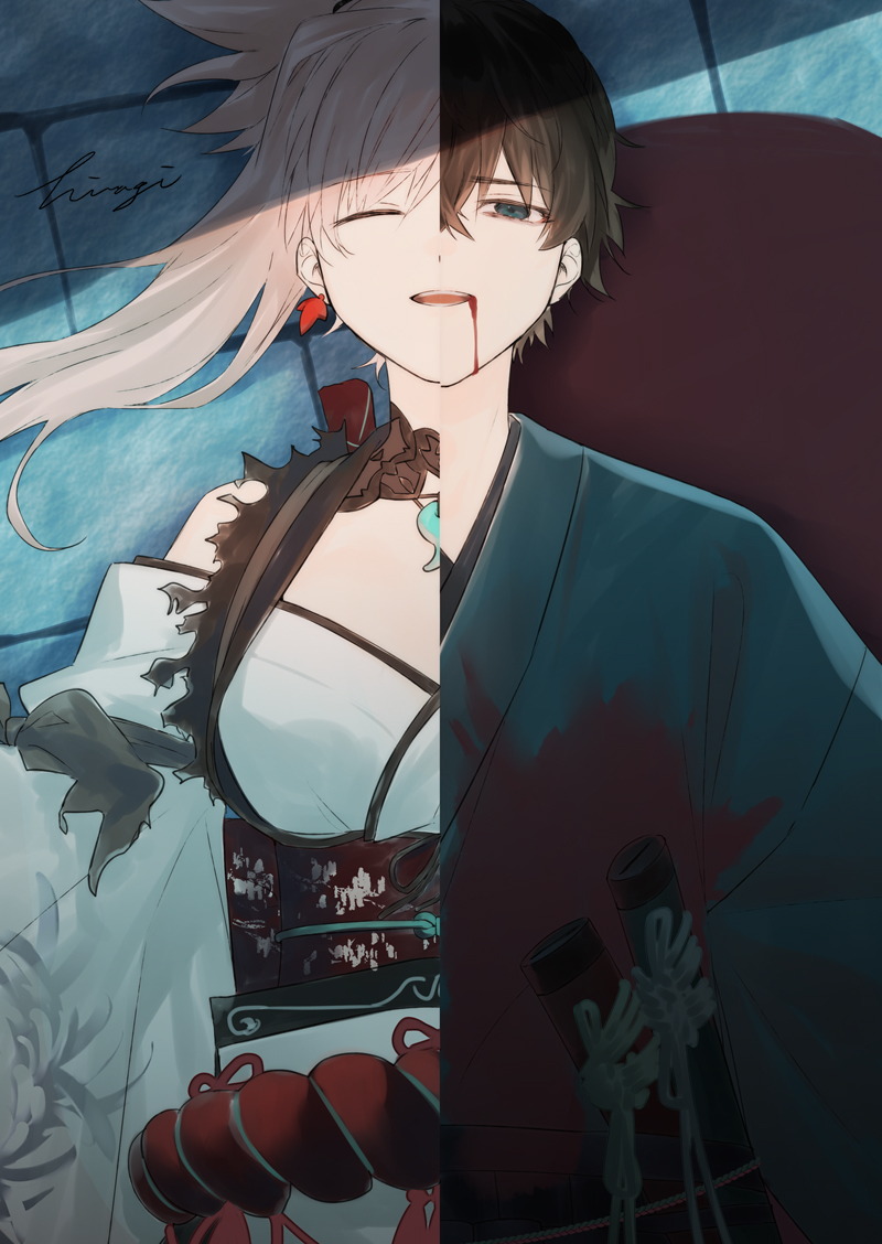 miyamoto musashi and miyamoto iori (fate and 1 more) drawn by hiiragi_(karashriker)