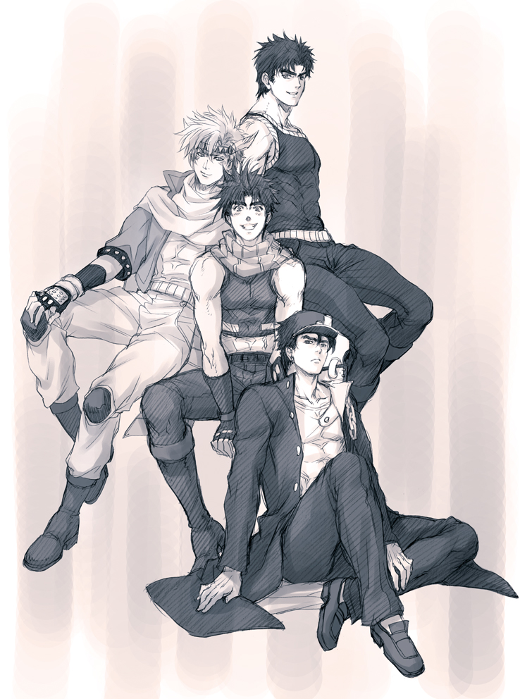 joseph joestar, kujo jotaro, caesar anthonio zeppeli, and jonathan joestar (jojo no kimyou na bouken and 3 more) drawn by kurenai_karasu