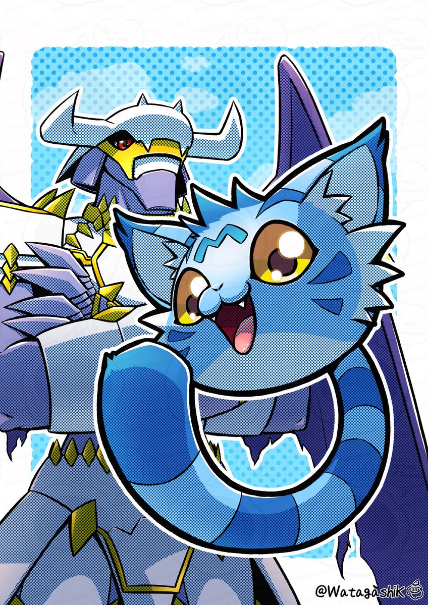 dynasmon and wanyamon (digimon and 1 more) drawn by watagashikn