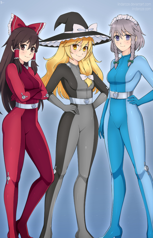 hakurei reimu, kirisame marisa, and izayoi sakuya (touhou and 1 more) drawn by lindaroze